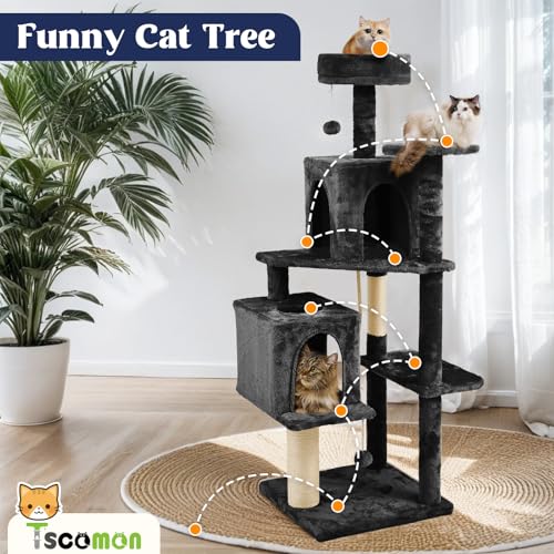 58.5inch Large Cat Tree Tower Condo for Indoor Cats, Soft Plush Multi-Level Climbing Tree Cat House, Scratching Post, More Entrance/Exit, Sisal Rope, Black - color: Black
