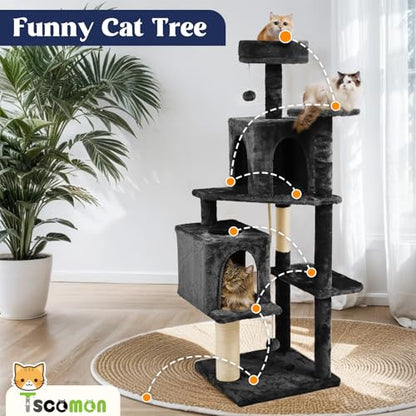 58.5inch Large Cat Tree Tower Condo for Indoor Cats, Soft Plush Multi-Level Climbing Tree Cat House, Scratching Post, More Entrance/Exit, Sisal Rope, Black - color: Black