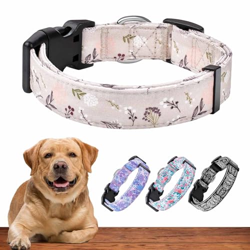 Dog Collar for Medium & Large Dogs - Flowers Cotton Padded Pattern on Long Lasting, Adjustable, Strong and Durable Collars - Choose from Stunning Patterns and Colors - color: Beige Flowers, size: Medium