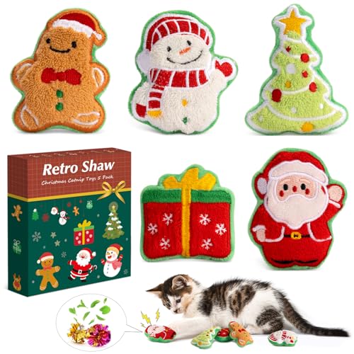Retro Shaw Christmas Cat Toys, Xmas Catnip Toys for Indoor Cats Kitten Teeth Cleaning, Crinkly Interactive Cat Chew Nip Kitty Kicker Toy Santa Claus Trees Snowman, 5 Pack - size: 3.0 Inches