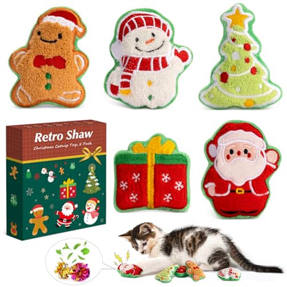 Retro Shaw Christmas Cat Toys, Xmas Catnip Toys for Indoor Cats Kitten Teeth Cleaning, Crinkly Interactive Cat Chew Nip Kitty Kicker Toy Santa Claus Trees Snowman, 5 Pack - size: 3.0 Inches