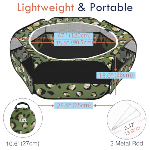 Pawaboo Small Animals Playpen, Waterproof Small Pet Cage Tent with Zippered Cover, Portable Outdoor Yard Fence with 3 Metal Rod for Chick/Kitten/Puppy/Guinea Pig/Rabbits/Hamster, Leopard Print - color: T-Leopard Print