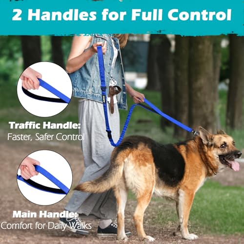 Heavy Duty Tactical Dog Leash, 5 FT Bungee Shock Absorption Leash with 2 Padded Handles, Quick Release Metal Clip, Car Seatbelt, No Pull Training Lead for Large Medium Dogs（Blue） - color: Blue