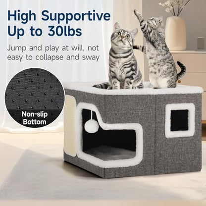 Cat Beds for Indoor Cats, Large Cat Cave with Cozy Hideout, Scratch Pad, Fluffy Ball Hanging, Foldable Cat Hideaway Hold Up to 30LBS, Indoor Cat House with Reversible Soft Cushions for All Seasons - size: Single
