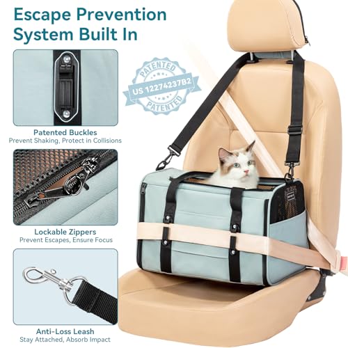 PETSFIT Soft-Sided Cat Carrier with Patented Safety Buckles, Lockable Zippers & Safety Tether,Escape-Resistant Travel Pet Carrier for Car Rides & Vet Visits, Airline Approved Under-Seat, Up to 12 lbs - color: Cyan blue, size: Medium