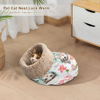 YETTASBIN Self-Warming Cat Sleeping Bag - Cute Kittens Semi-Enclosed Anti-Anxiety Calming Cat Bed Cave, Cozy Plush Pet Snuggle Sack with Soft Fleece Lining for Cat Dog Kitten, 19” x 23”