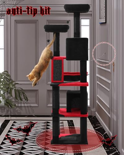 MUTTROS Gothic Cat Tree for Large Cats, 70.9" Tall Black Cat Tower with Coffin Bed, Cat Condo, Sisal Scratching Posts & Top Perch, Spider Hanging Ball, Multi-Level Spooky Cat Tree, Halloween, Black - color: Gothic Black, size: 70.9inch