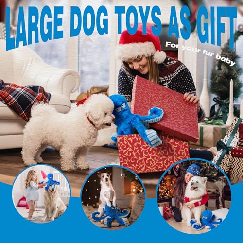 LEGEND SANDY Tough Dog Toys, Stuffed Chew Large Dog Toys to Keep Them Busy, Interactive Squeaky Tug of War Doggie Toy, Crinkle Blue Octopus - color: Blue Octopus