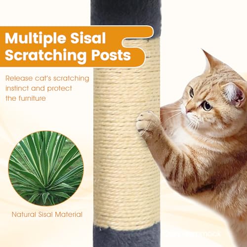PETSITE 66 Inches Tall Cat Tree, Multi-Level Cat Tower with Sisal Scratching Posts, Side Basket, 2 Comfy Condos, Hammock, Soft Padded Top Perch, and Hanging Balls, Ideal for Indoor Cats (Dark Grey) - color: Dark Grey