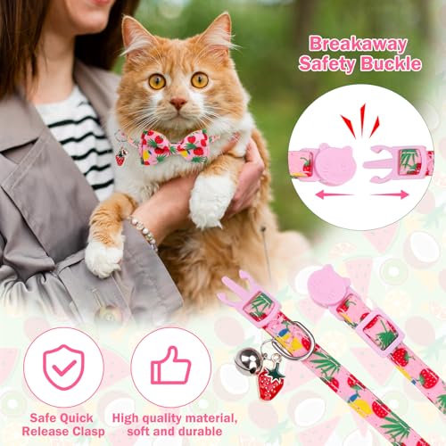 Cat Collar with Bell Bow Tie Fruit Breakaway Bowtie Cat Collar for Spring Summer, Adjustable Safety Kitten Collars with Removable Bowtie & Charm for Boys Girls Male Female Cats - color: Fruit Pink + Green