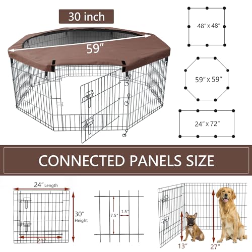 NEZUC Foldable Silver Metal Dog Exercise Playpen Gate Fence Dog Crate 8 Panels 30 Inch Height Puppy Kennels with Top Cover for Animals Outdoor Indoor (with top Cover, 8 Panels 30" H) - size: 30"H, style: Playpen+Top Cover
