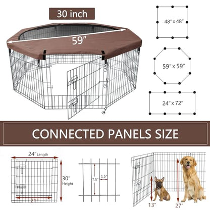 NEZUC Foldable Silver Metal Dog Exercise Playpen Gate Fence Dog Crate 8 Panels 30 Inch Height Puppy Kennels with Top Cover for Animals Outdoor Indoor (with top Cover, 8 Panels 30" H) - size: 30"H, style: Playpen+Top Cover