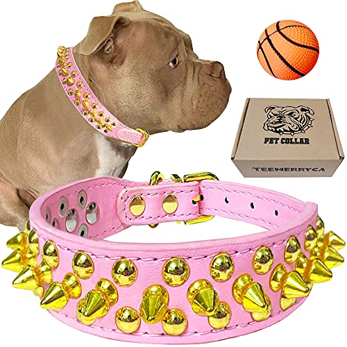 TEEMERRYCA Pink Leather Gold Spiked Studded Dog Collar for Female Puppy Small Medium Large Pets,Pit Bulls Bulldog, Keep Dog Safe from Grabbing by Huge Dogs, XS 8.3"-10.6" - color: Pink-gold, size: Xs: 8.3"-10.6"(for Puppy)