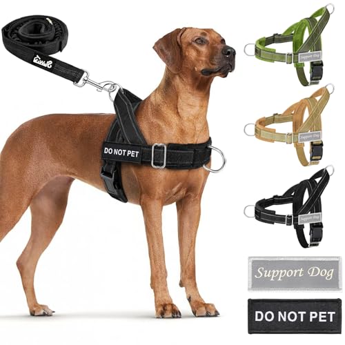 Lukovee No Pull Dog Harness and Leash Set - Heavy Duty Dog Vest with Soft Velvet Padding for Medium Large Dogs, Adjustable Reflective Tactical Harness with 2 Control Handles & Front Clip (M, Black) - color: Black, size: Medium