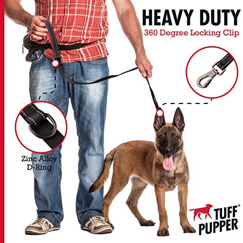 Tuff Pupper Heavy Duty Double Handle Leash | Twist Locking Carabiner Clip | Safety Lock for Strong Dogs | Reflective for Safe Night Walks | 6 Foot Leash | For Medium & Large Dogs - color: Epic Black