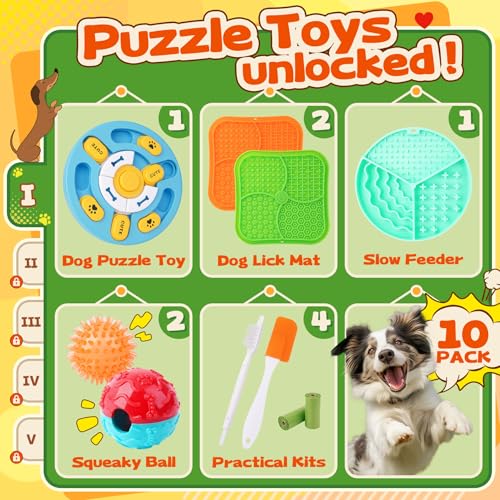Forfon 10 Pack Complete Dog Puzzle Toys Set-Dog Lick Mat & Feeding Bowl with Suction Cups for Small & Medium Breeds,Enrichment Toys for IQ Training & Mentally Stimulating - color: Well-Rounded Dog Puzzle Toys