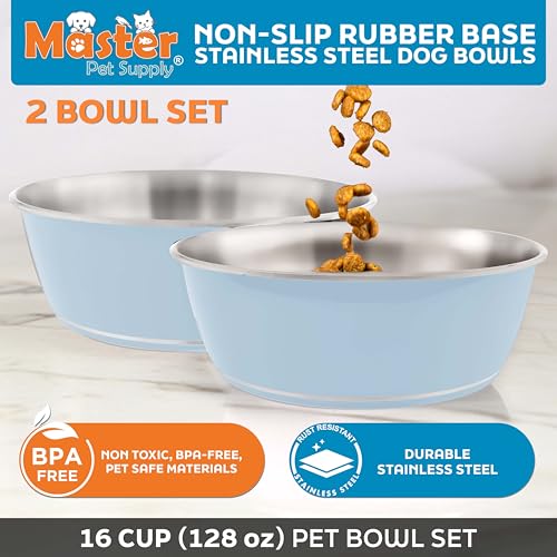 Master Pet Supply Stainless Steel Dog Bowls Set of 2 (128 Oz Each) with Non-Slip Rubber Base - Glacier Blue - Basic Dog Food Bowl Water & Food Bowls for Small Medium Large Dogs & Cats, Metal Dish - color: Glacier Blue, size: 16 Cups (128 oz) 2 Pack
