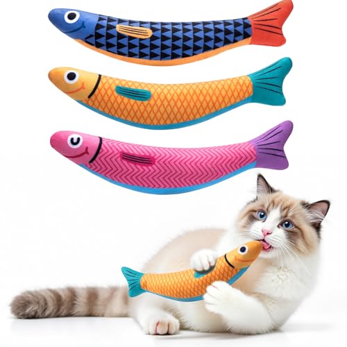 Interactive Cat Toys with[5000mg Premium A+Catnip &Silvervine][Baby Grade] Soft Chew Kicker Cat Toys for Indoor Cats & Kittens, Crinkle &Rattle Fish Sound Toy, Drives Bored Cats Crazy with Fun,3 Pack - color: Blue+Yellow+Pink