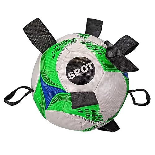 SPOT Dog Soccer Ball with E-Z Tabs - Interactive Fetch and Tug Dog Toy with Heavy Duty Nylon Straps for Carrying, Tossing, and Tugging, Floats in Water, 9in Sports Ball with Air Pump Included