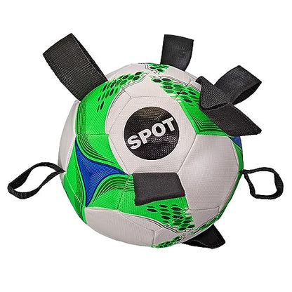 SPOT Dog Soccer Ball with E-Z Tabs - Interactive Fetch and Tug Dog Toy with Heavy Duty Nylon Straps for Carrying, Tossing, and Tugging, Floats in Water, 9in Sports Ball with Air Pump Included