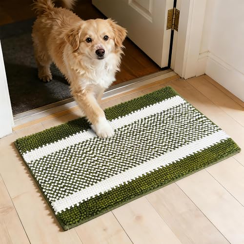 Dog Door Mat for Muddy Paws - Absorbent Quick-Dry Non-Slip Washable Chenille Pet Rug, Indoor Entryway Mat for Front Door & Crate (Green White, 34" L*23" W) - color: Green White, size: 34"L*23"W