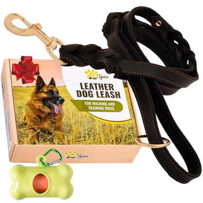 ADITYNA - Double Handle Leather Dog Leash 6ft - Heavy Duty Braided Dog Leash with Traffic Handle - Lead for Training and Walking Medium Large Breeds (Black, Two Handles 6 Foot x 3/4") - color: Black, size: Two Handles 6 foot x 3/4"