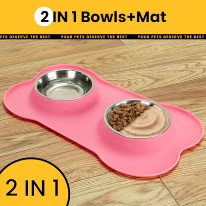 Conlun Dog Bowls with Silicone Feeding Mat,No Spill Food Water Dish Set,Dishwasher Safe,2 Stainless Steel Puppy Bowls with Dogs Bandanas,Suitable for Tiny Pets Under 8lbs,Extra Small,Pink - color: Pink, size: Extra Small-5 oz