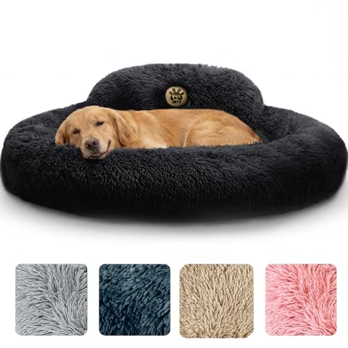 PetJett XL Dog Beds for Large Sized Dog - 45'' Extra Large Dog Bed, Anti-Slip & Washable Super Soft Round Donut Bed, Fluffy Faux Fur Anti-Anxiety Premium Comfort Pet Bed, Fits Dogs up to 120 lbs - color: Black, size: X-Large - 45"L x 45"W x 8"Th