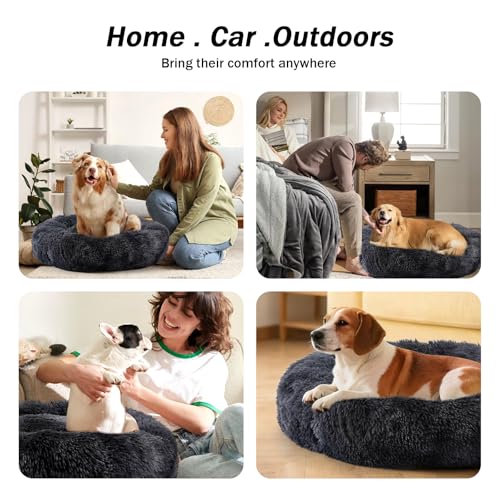 Calming Donut Dog Bed for Small to Medium Dogs & Cats - Plush Faux Fur Anti-Anxiety Pet Bed with Machine Washable Cover & Non-Slip Base - color: Bandhnu Dark Grey, size: X-Small 15.7''