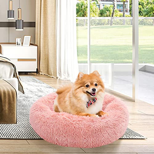 Calming Donut Dog Bed for Small to Medium Dogs & Cats - Plush Faux Fur Anti-Anxiety Pet Bed with Machine Washable Cover & Non-Slip Base - color: Pink, size: Small 19.6''