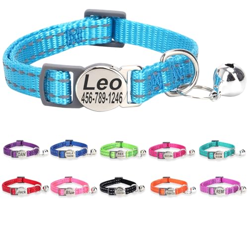 Engraved Personalized Cat Collar,Breakaway Safety Release Buckle,Reflective Kitten Collars with ID Name Tag,Adjustable Nylon Collar with Bell for Small Dogs Puppy Kitten Cat,Sky Blue (7.5''-12.0'') - color: Sky Blue