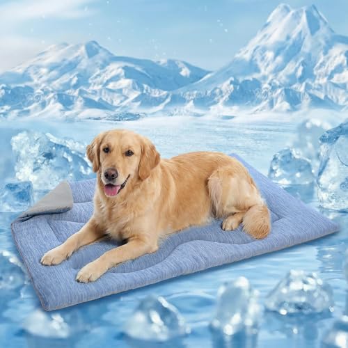 Queenmore Large Dog Cooling Mat for Dog, Portable Flat Pet Bed for Dogs and Cats, Non-Slip Summer Pet Sleeping Mat, Machine Washable, Dogs Cooling Pad Indoor (Blue Wave, XLarge(43" x 31")) - color: Blue Wave, size: X-Large