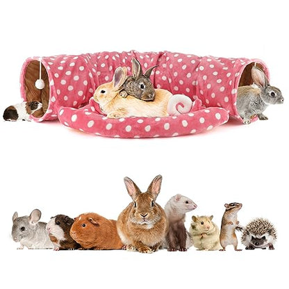 BWOGUE Bunny Tunnel Bed, 2-in-1 Collapsible Tunnel Tubes Toys with Removable Mat Hideout for Cats Kittens Rabbits Guinea Pigs Kitty - color: Pink