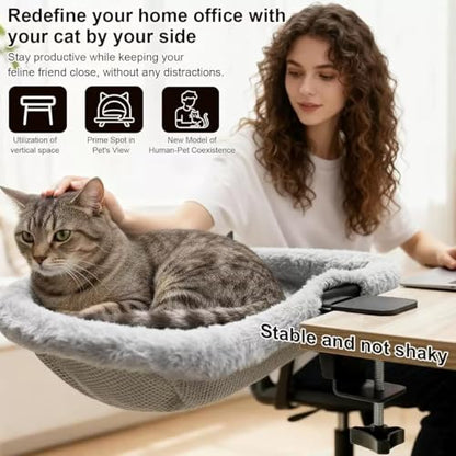 Cat Desk Bed-Extra-Large Clamp & Sunken Hammock Design,Soft Faux Rabbit Fur Material,One-Click Folding,Suitable for Various Desktops, Holds Up to 40lbs(Gray