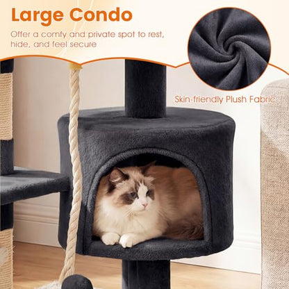PETSITE 36-inch Multi-Level Cat Tree, with Sisal Scratching Posts, Comfy Top Perch, Cozy Condo, Playful Sisal Rope and Spring Ball, and Dangling Ball, Ideal for Indoor Cats and Kittens (Dark Grey) - color: Dark Grey