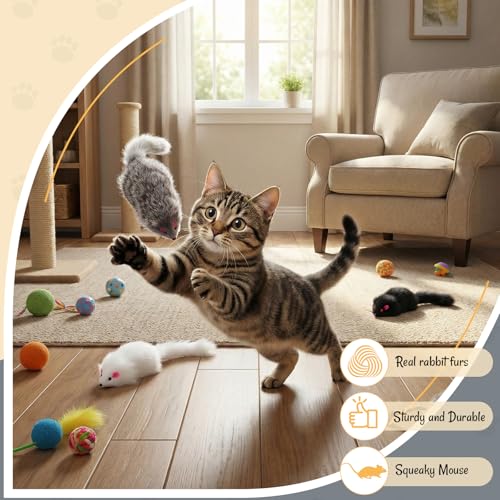 12 Pcs Large Rabbit Fur Mouse Cat Toy, Interactive Mice Kitten Toys, Realistic Fake Furry Mouse for Kittens and Cats Indoor Playing