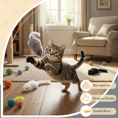 12 Pcs Large Rabbit Fur Mouse Cat Toy, Interactive Mice Kitten Toys, Realistic Fake Furry Mouse for Kittens and Cats Indoor Playing