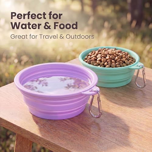 Collapsible Dog Bowls 2-Pack, Portable Travel Dog Bowl with Carabiner, Food-Grade BPA-Free Silicone Pet Food & Water Bowl for Dogs & Cats, Hiking Walking Camping (Purple and Mint Green) - color: Purple and mint green