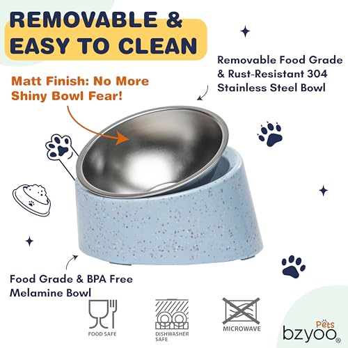 bzyoo 16oz Tilted Dog Bowl for Small Dogs & Cats, 15° Elevated Stainless Steel Pet Feeder, Ergonomic Anti-Vomiting Food Bowl for Frenchie, Pug, Persian Cat, Non-Skid Melamine Stand, Sprinkle (Blue) - color: Blue