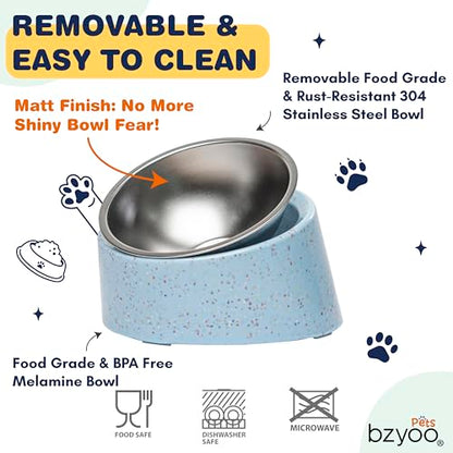 bzyoo 16oz Tilted Dog Bowl for Small Dogs & Cats, 15° Elevated Stainless Steel Pet Feeder, Ergonomic Anti-Vomiting Food Bowl for Frenchie, Pug, Persian Cat, Non-Skid Melamine Stand, Sprinkle (Blue) - color: Blue