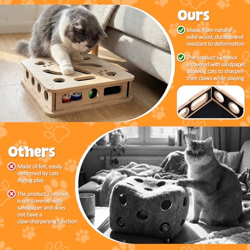 2026 Upgrade Cat Nail File Box, No Assembly Required, Solid Wood Cat Nail File Enrichment Box with 3 Bell Balls, 1 Teaser Wand & Replacement Sandpaper, Stress-Free Alternative to Clippers & Grinders