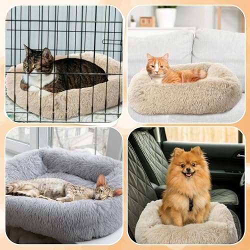 2-Pack Small Calming Dog & Cat Bed Anti Anxiety Fluffy Plush Pet Beds with Anti-Slip Bottom Machine Washable Interchangeable Pet Bed for Kittens & Puppies(Cream and Light Gray,21x16.5 Inch) - color: Cream and Light Gray