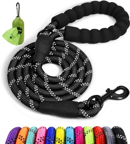 Taglory Rope Dog Leash 4 FT with Comfortable Padded Handle, Highly Reflective Threads Leash and Anti-Tangle Clip for Walking Medium Large Dogs, 1/2 inch, Black - color: Black, size: 1/2" x 4 FT (20~120 lbs.)