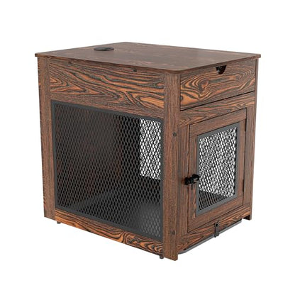 Dog Crate Furniture,Wooden Dog Crate End Table with Storage Drawer&Cushion&Tray, QC3.0 Wireless Charging,Dual USB,Medium Dogs Rustic Style - color: Rustic Brown, size: 28.5"L x 21.5"W x 30.5"H