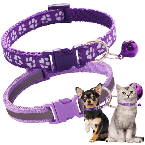Purple Puppy Collar with Bell, 2-Pack Paw Print & Reflective Strip Girls Cat Collars with Bells for XXS XS Small Little Dogs Tiny Kitten Female Pet, X-Small - color: Reflective Purple