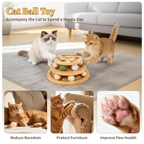 Cat Ball Track Toy with Puzzle Top, Interactive Cat Toys for Indoor Cats with Spinning Balls, Wooden Cat Ball Tower Toy for Kitten Kitty Exercise Mental Physical
