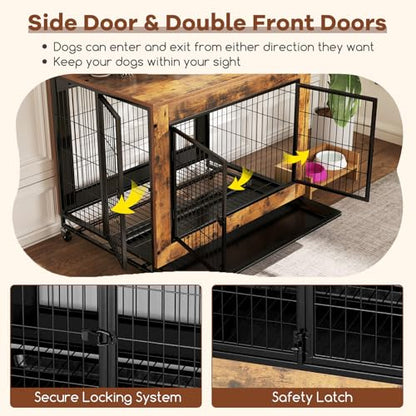 PETSITE Portable Dog Crate Furniture, 38 Inch Wooden Dog Kennel Side Table with Flip-up Top, 3 Lockable Doors and Removable Tray, Ideal for Small to Medium Dogs (Rustic Brown) - color: Rustic Brown