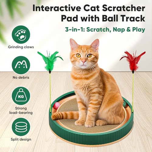 20-Inch Round Cat Scratcher Bed with Ball Track – 3-in-1 Interactive Cardboard Scratching Pad with Feather Toy & Non-Slip Base – Great for Indoor Cats, Active Kittens & Large Breeds (Green) - color: Green