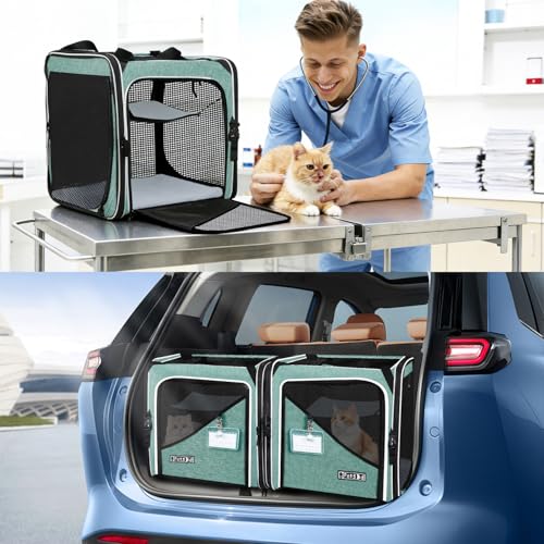 Petskd 2 in 1 Double Cat Car Travel Carrier with Litter Box, 38"x17"x18" Dual Extra Large Cat Carrier for Several Cats, Portable Cat Carrier with Zipper Locks for Longer Road Trips (Green)
