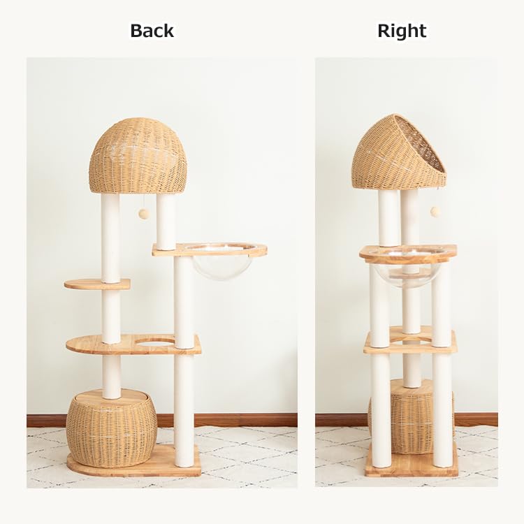 Wood Cat Tree for Large Cat, 60-Inch Tall Cat Tower with Scratching Post for Indoor Cats, Multi-Level Cat Condo with Hand-Woven Cat Bed and Acrylic Bowl Easy to Clean (Brown-81004S) - color: Nature 81004